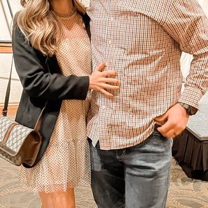 Beautiful polka dot dress with see through overlay. Black and nude!!